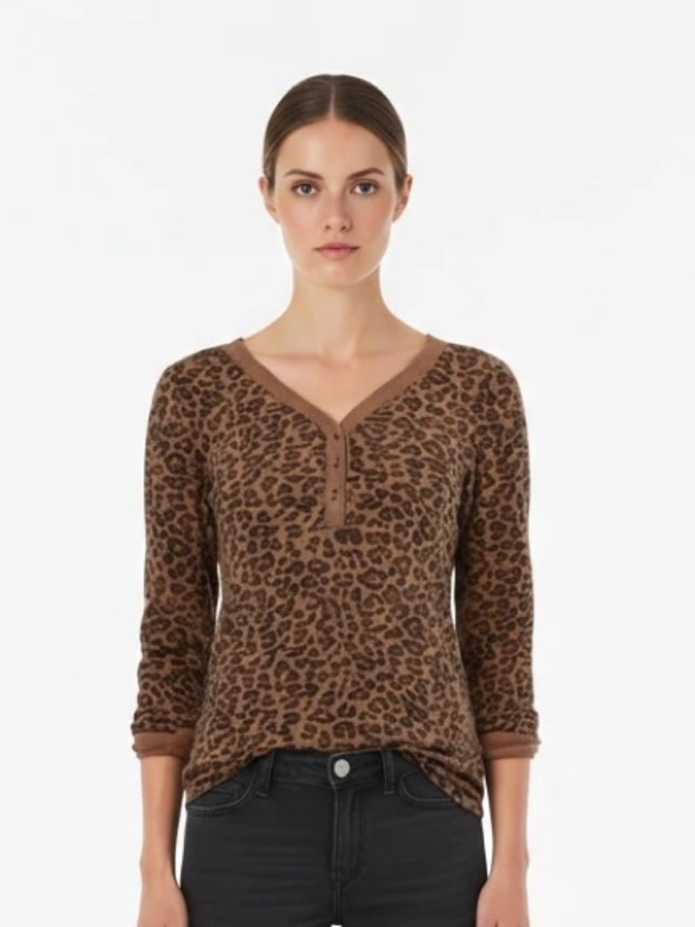 Leopard Print V-Neck Henley Thermal Tee Shirt Time & True